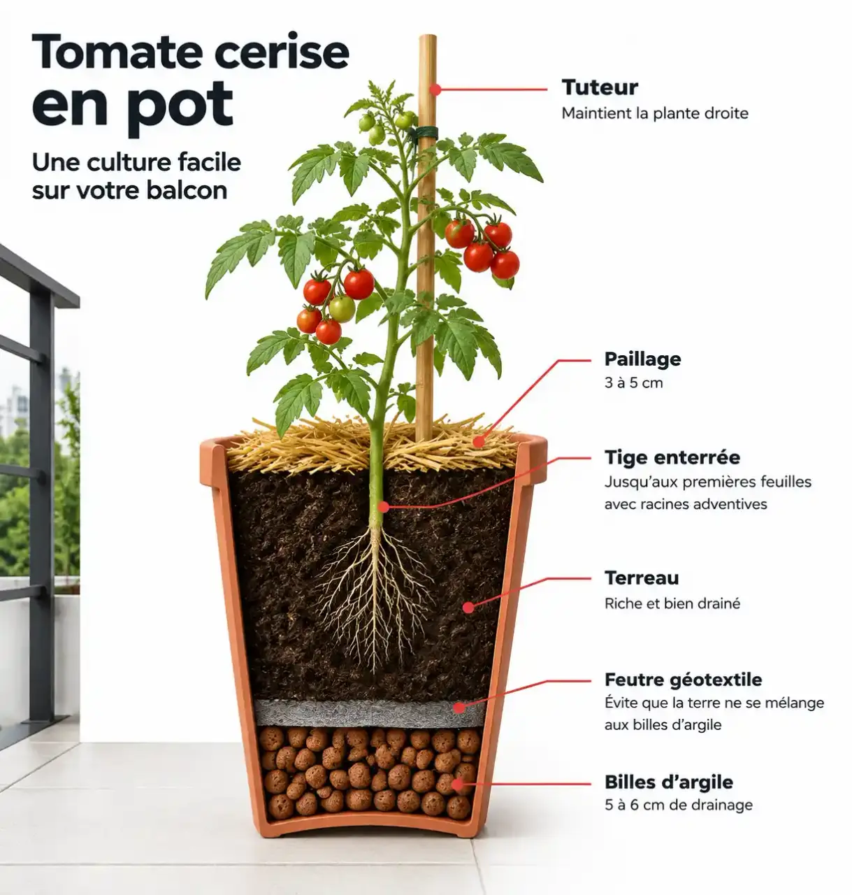 Schéma de plantation d'une tomate cerise en pot : drainage, terreau, tige enterrée, tuteur et paillage