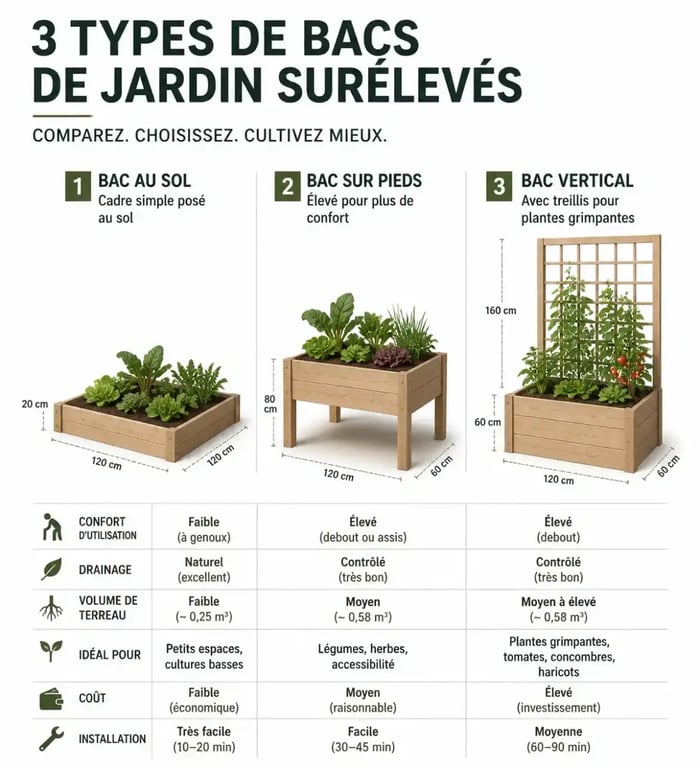 Comparatif visuel des différents modèles de potager en hauteur
