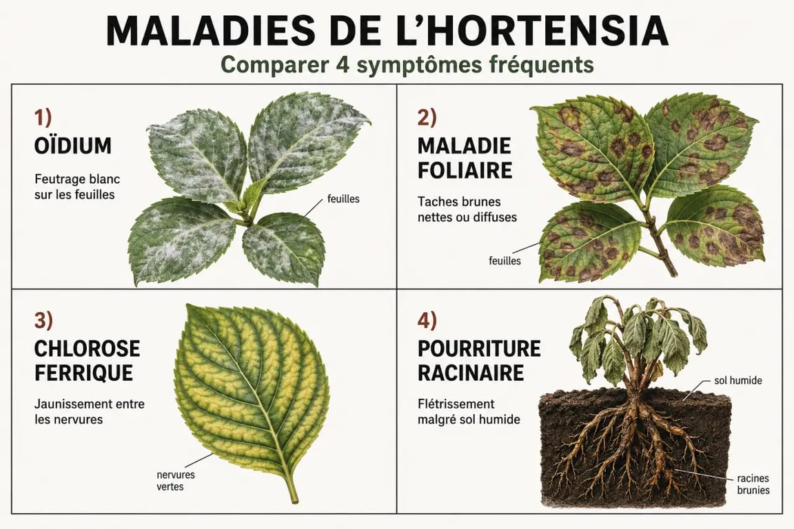 Maladie hortensia : tableau visuel des symptômes d’oïdium, taches brunes, chlorose ferrique et pourriture racinaire