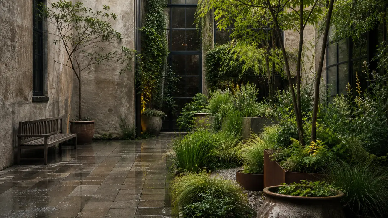 Cour de ville transformée en scène botanique avec graminées, vivaces et matières minérales