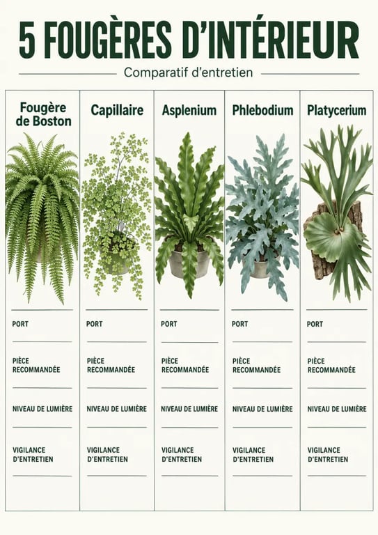 Fougères plantes intérieur : comparaison visuelle des variétés, de la lumière et de l’entretien