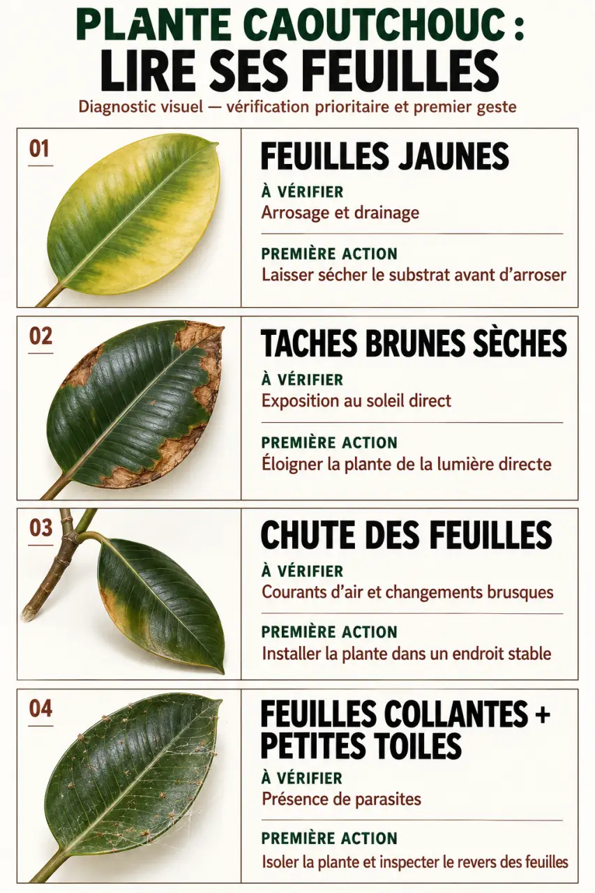 Diagnostic visuel des problèmes de feuilles d’une plante caoutchouc intérieur