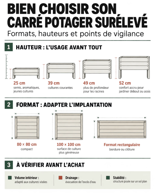 Infographie des carrés potager surélevés selon la hauteur, le format et l’usage