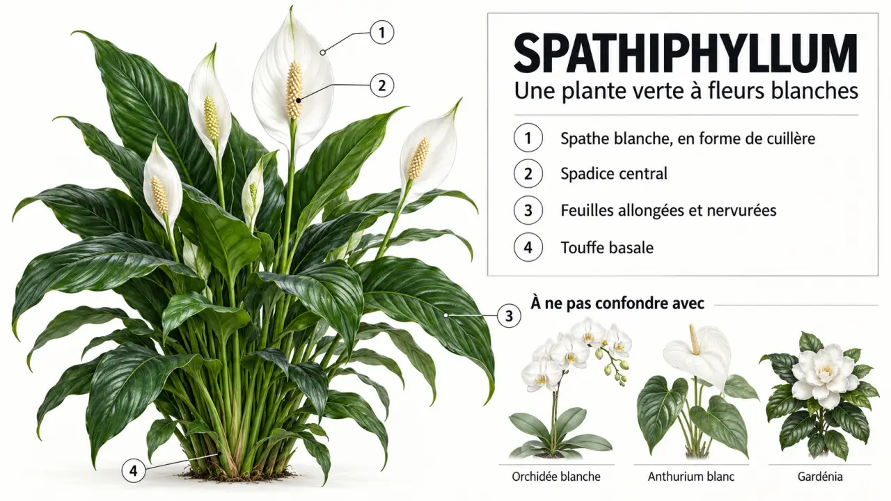 Illustration d’une plante verte fleure blanche : Spathiphyllum et détails de sa spathe