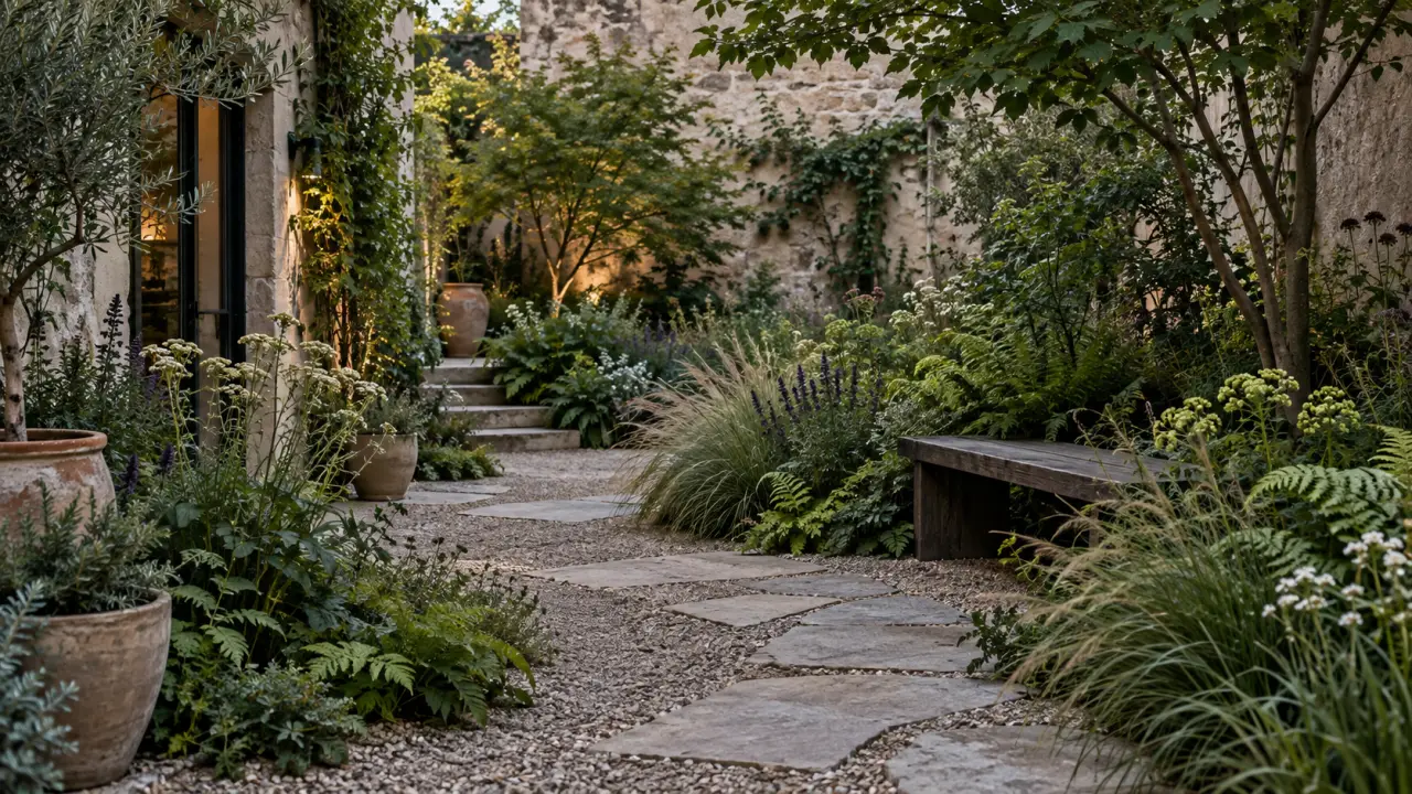 Cour minérale transformée en jardin naturaliste avec graminées, arbustes et assises en pierre