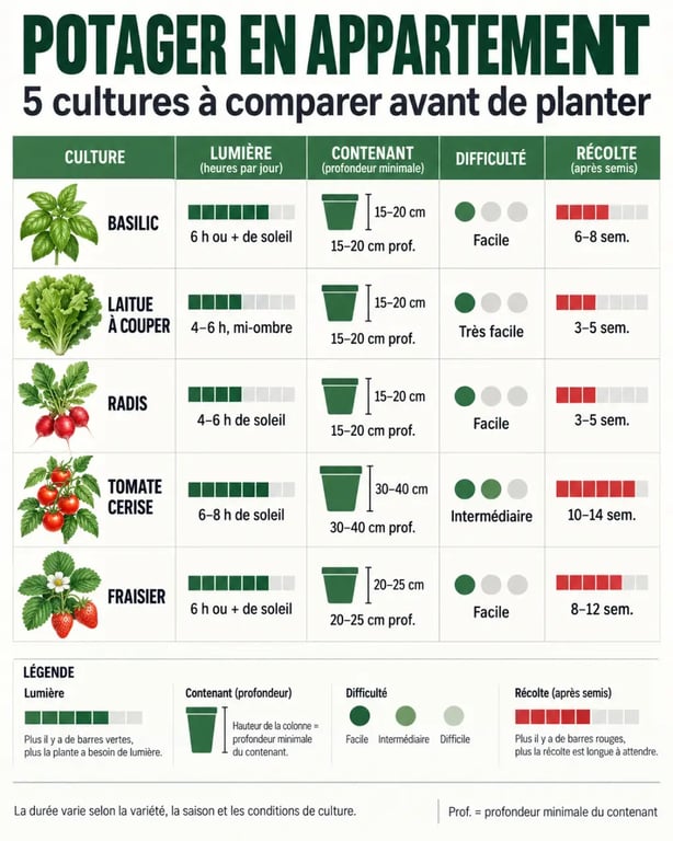 Potager en appartement : comparaison des plantes selon la lumière, l’espace et la difficulté
