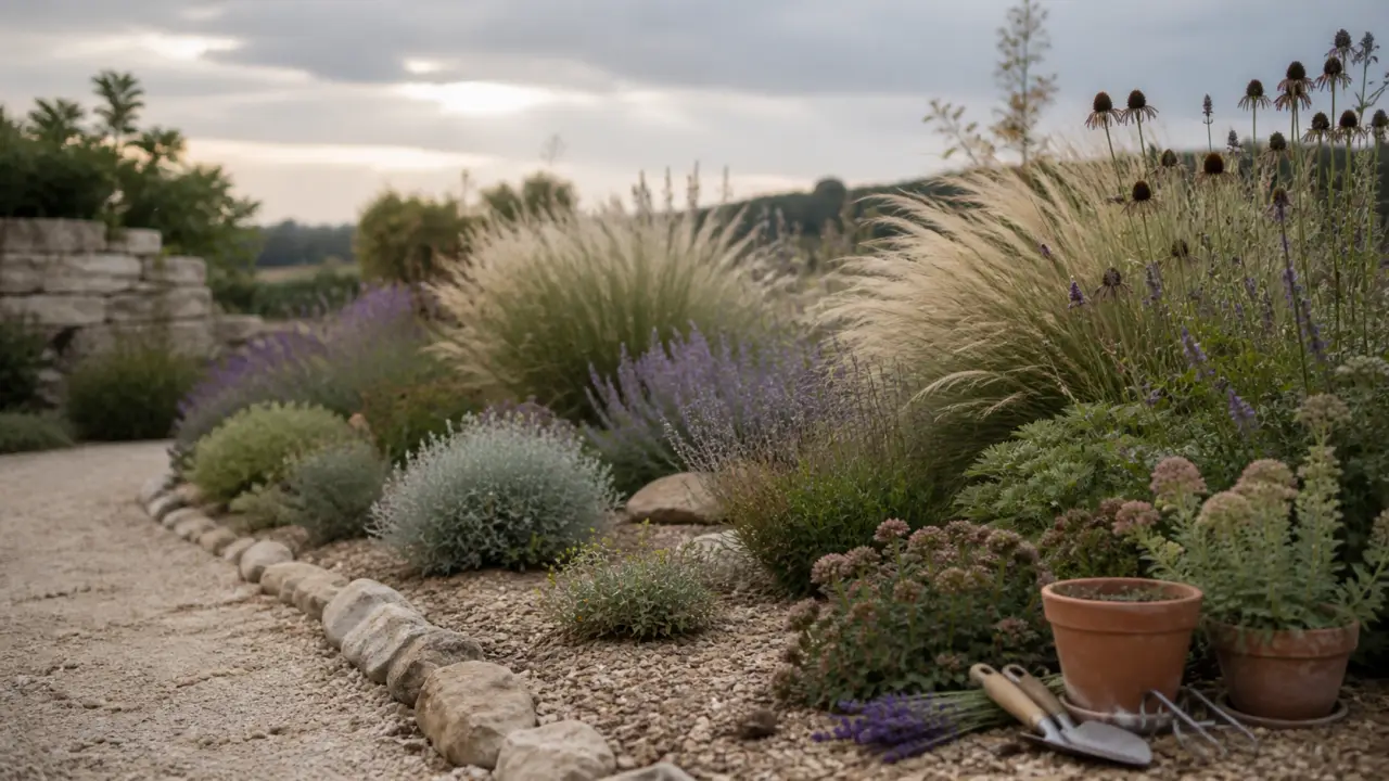 Bordure sèche naturaliste avec graminées et vivaces dans une lumière dorée