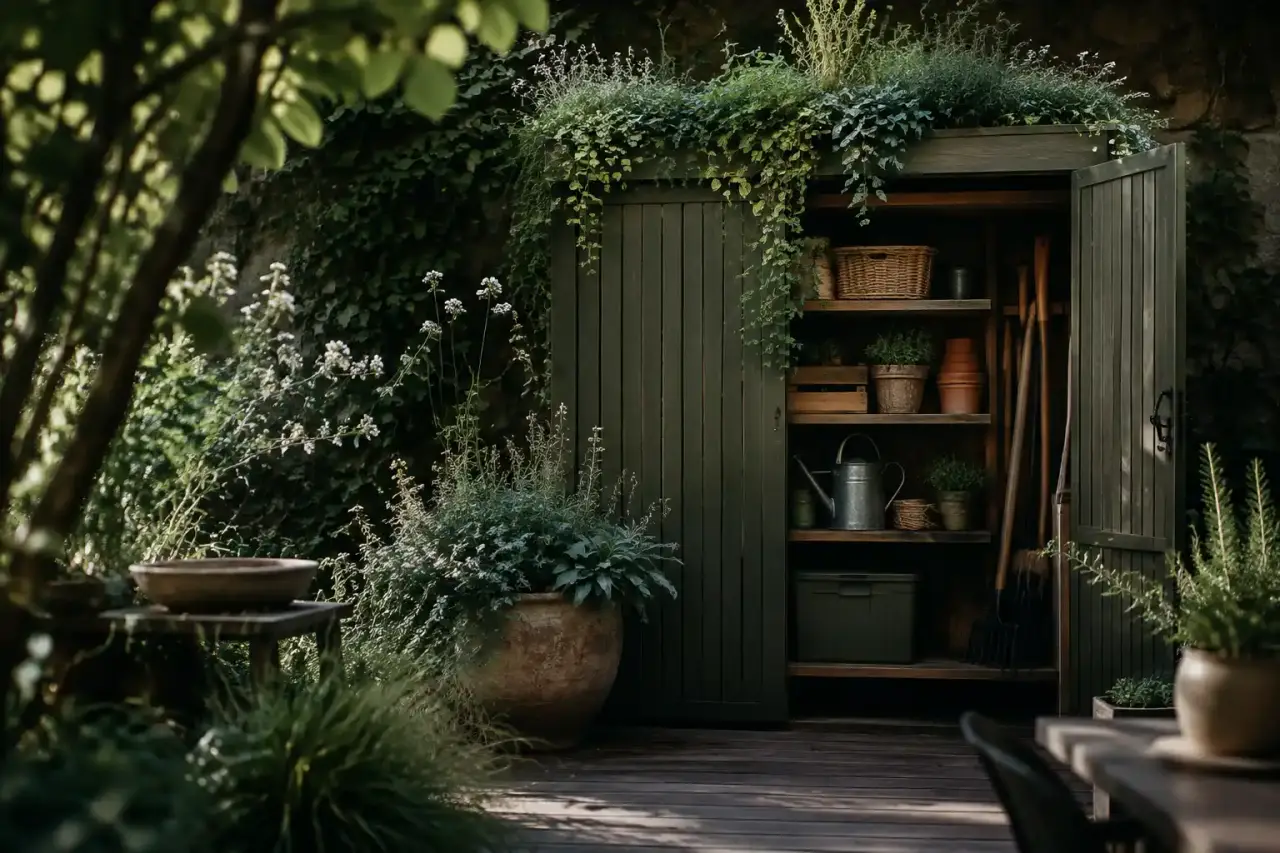 Rangement extérieur en bois intégré dans une végétation naturelle