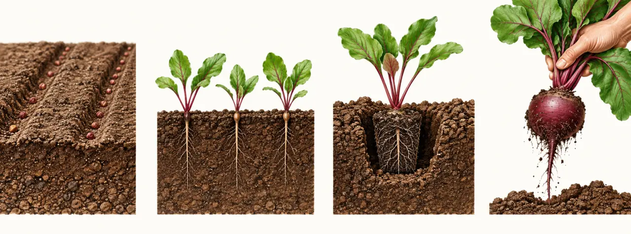 Étapes de culture d’un plant de betterave, du semis à la récolte au potager