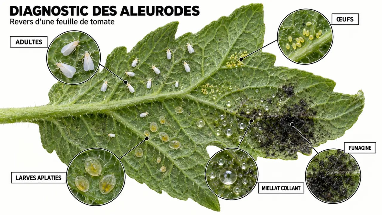Aleurode traitement : adultes, œufs et larves visibles sous une feuille de tomate