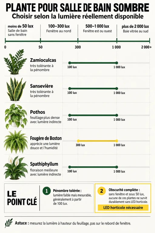Infographie sur le choix d'une plante pour salle de bain sombre selon la luminosité en lux
