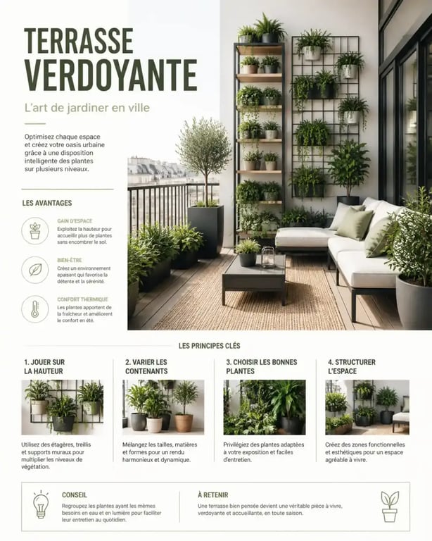 Aménagement de plantes extérieur terrasse avec étagères verticales pour optimiser l'espace
