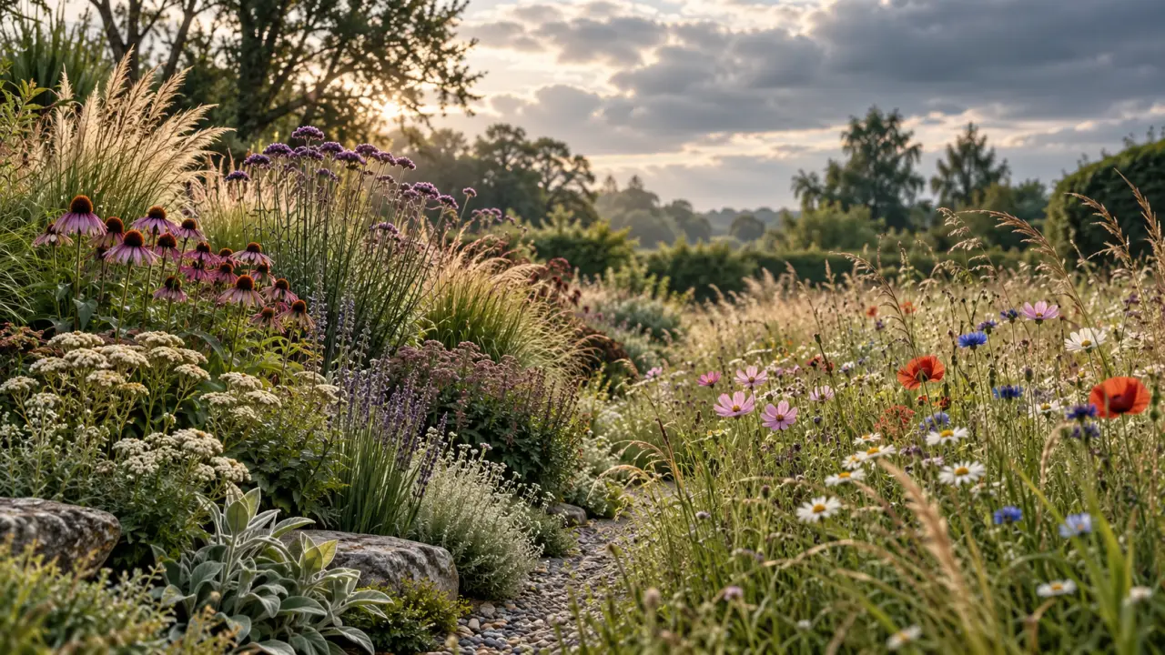 Graminées et fleurs sauvages dans un jardin naturaliste baigné de lumière dorée
