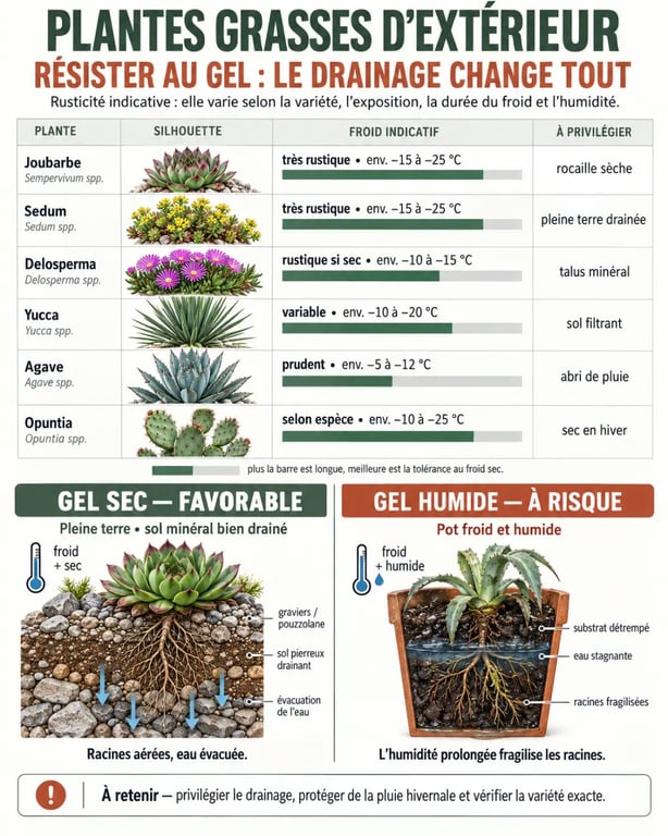 Infographie sur les plantes grasses extérieur qui ne gèlent pas, leur rusticité et le drainage hivernal