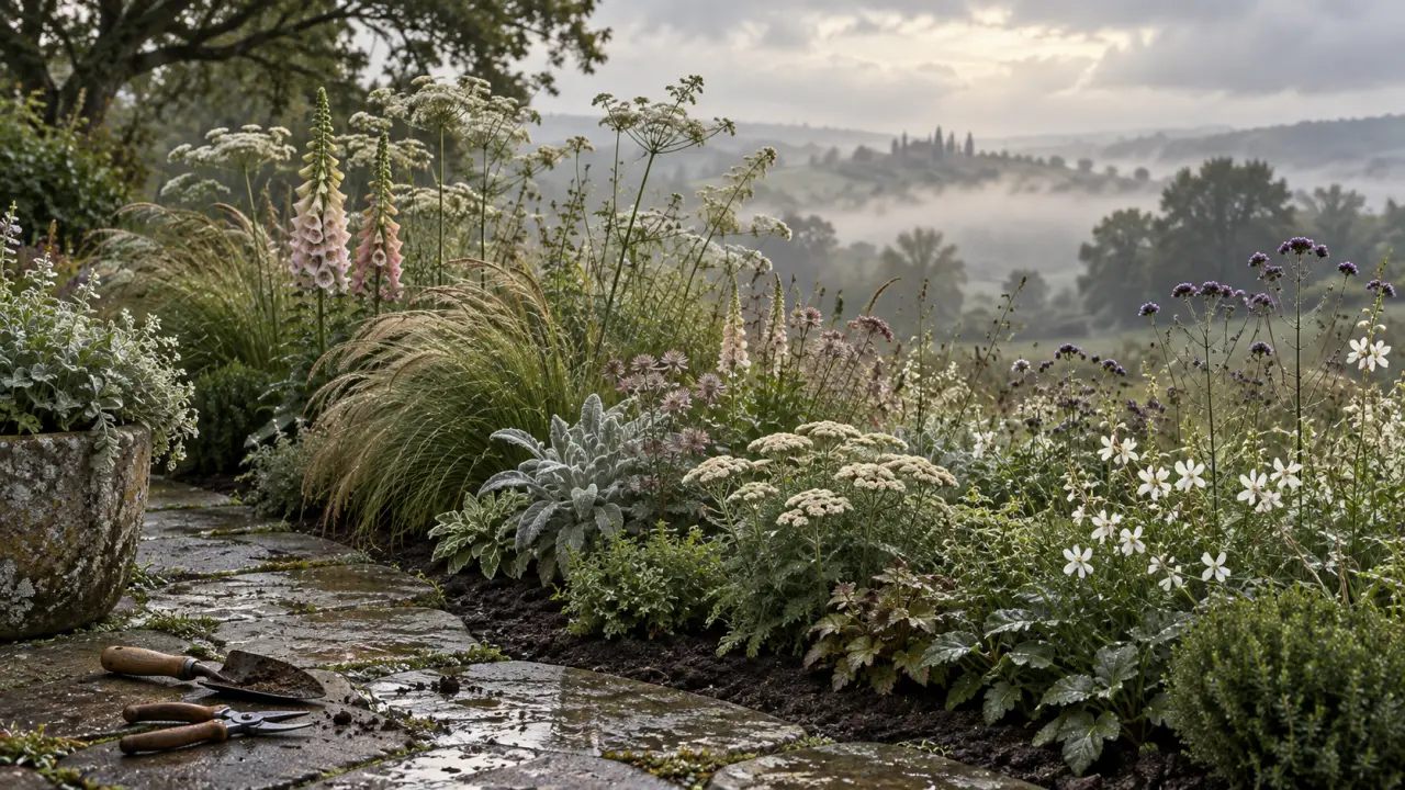 Bordure sauvage composée de graminées, de fleurs vivaces et de feuillages naturels