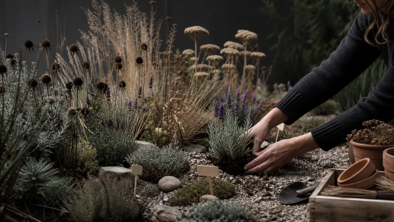 Bordure sèche fleurie dans un jardin naturaliste, aux teintes dorées et végétation légère
