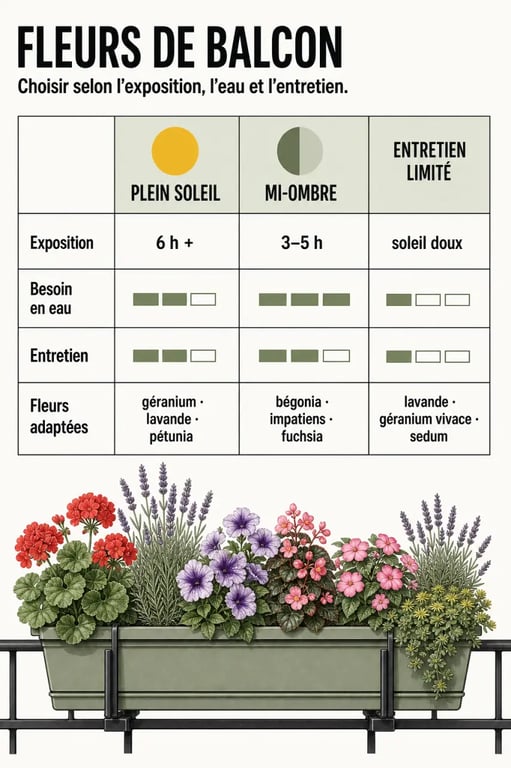 Fleures pour jardiniere : tableau visuel des meilleures fleurs selon l’exposition, l’arrosage et l’entretien