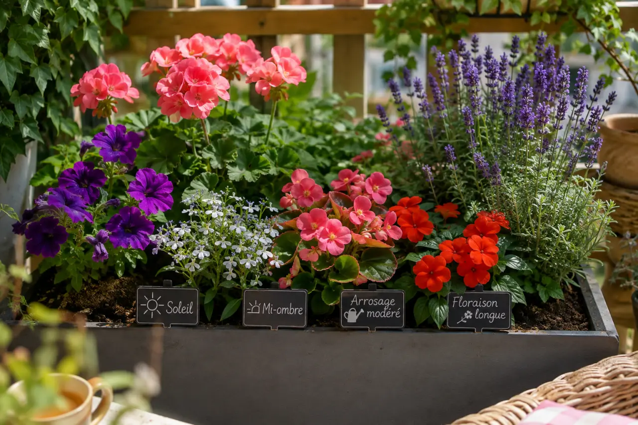 Quelles fleurs pour une jardinière selon l’exposition, l’arrosage et la floraison ?