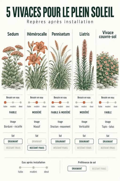 Infographie comparative de cinq vivaces plein soleil selon leurs besoins en eau et leurs usages au jardin