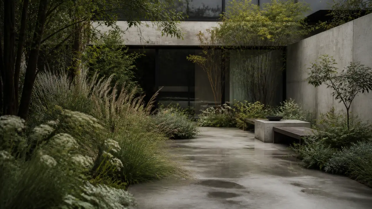 Cour bétonnée transformée en jardin naturaliste, avec graminées, vivaces et lumière dorée
