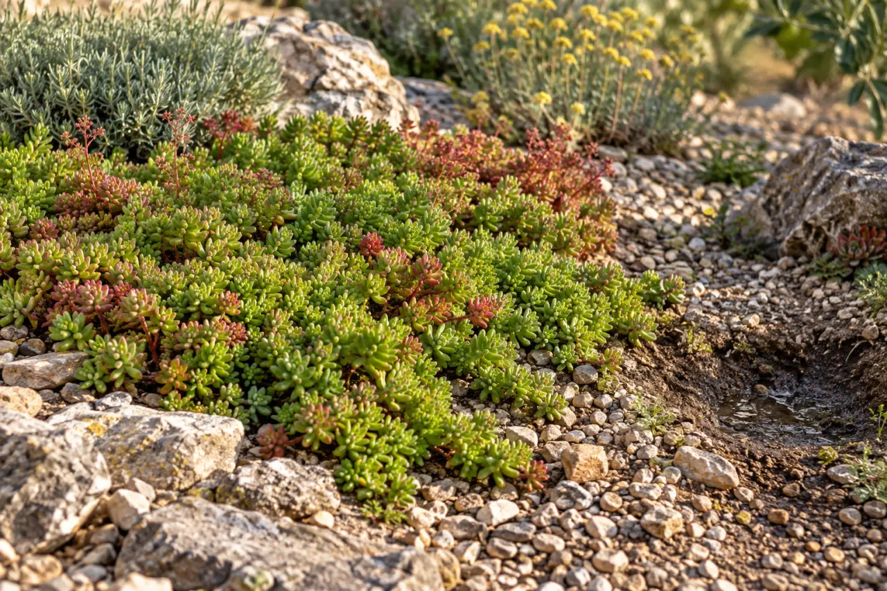 Sedum couvre-sol : sec en été, vulnérable à l’humidité stagnante