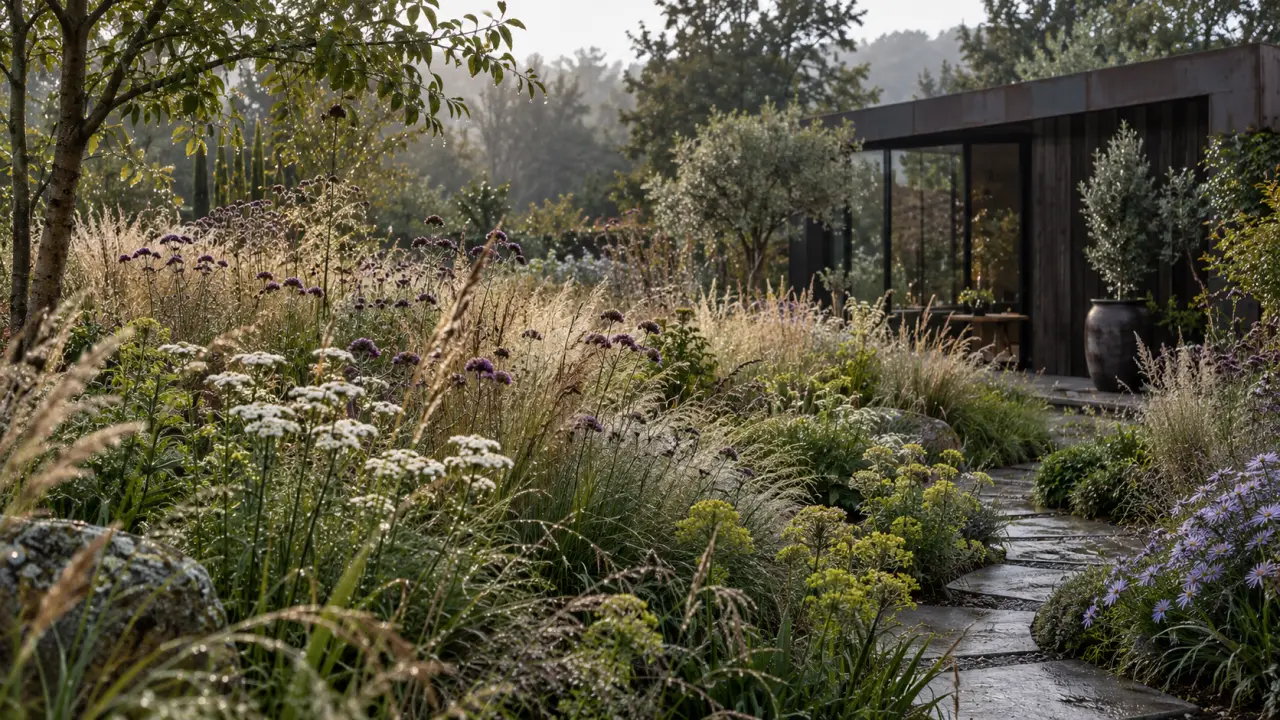 Jardin sauvage composé de graminées, de fleurs vivaces et de chemins naturels