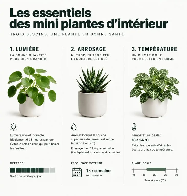 Infographie des conseils d'entretien pour mini plantes d'intérieur