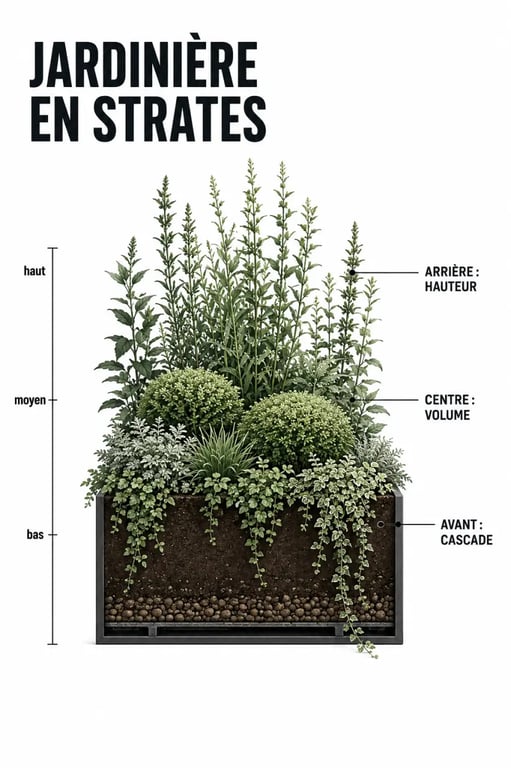 Fleures pour jardiniere : exemple de composition avec fleurs dressées, compactes et retombantes