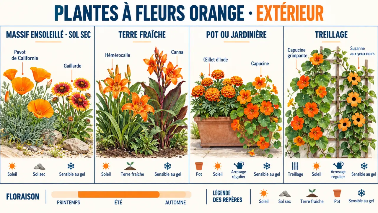 Plante fleur orange extérieur : repères pour choisir entre massif ensoleillé, sol frais, pot et treillage