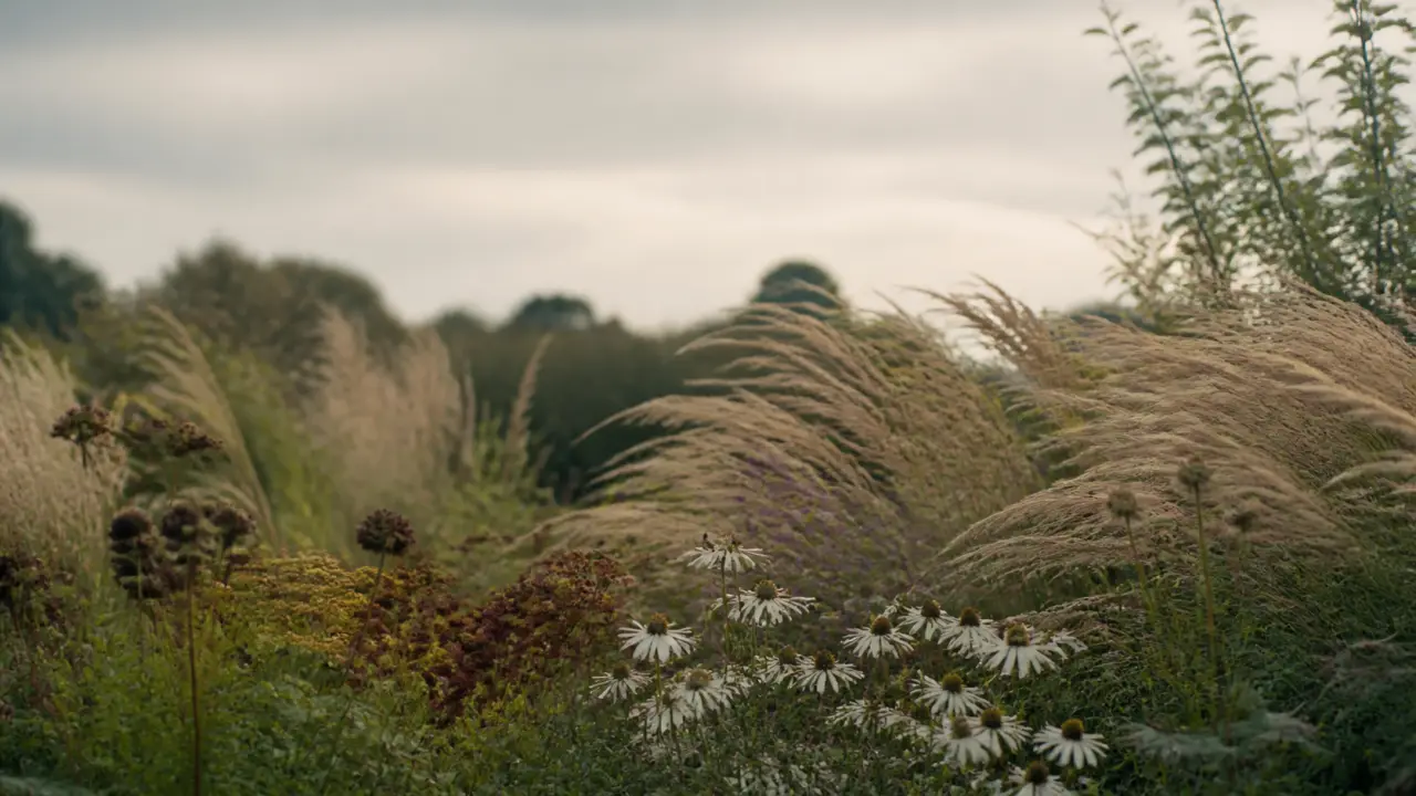 Massif naturaliste animé par des graminées et des fleurs sauvages dans une lumière dorée