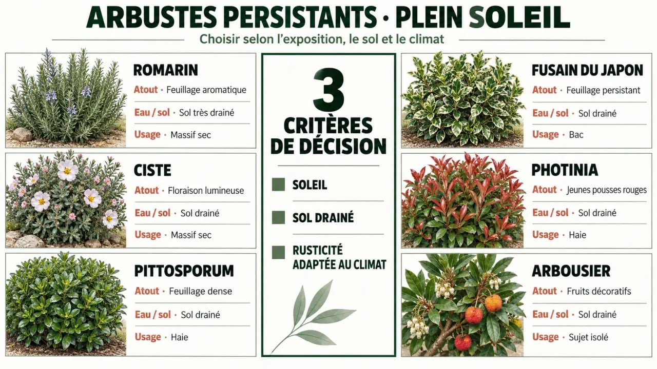Infographie des arbustes persistants plein soleil selon le sol, l’eau, la rusticité et l’usage