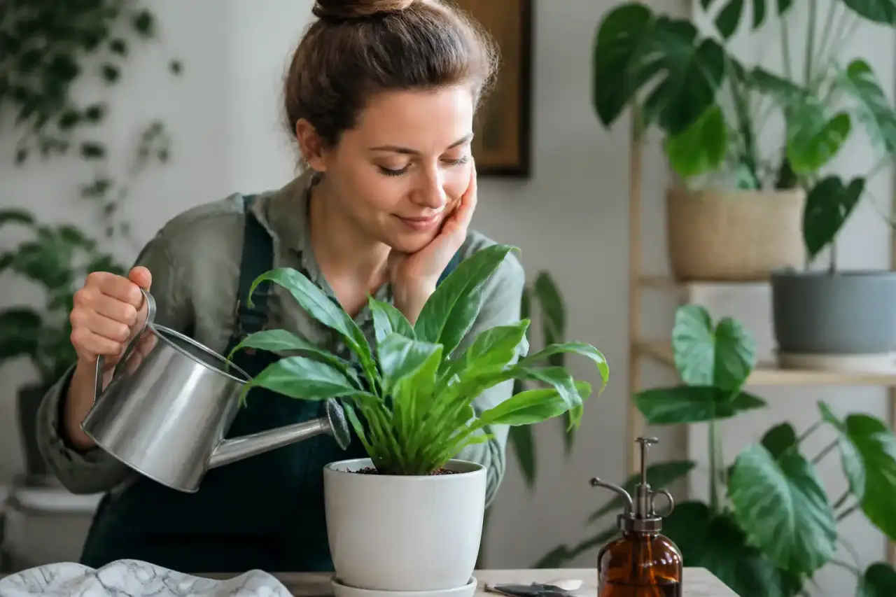 Une jeune plante verte en pot sur une table en bois baignée de lumière douce