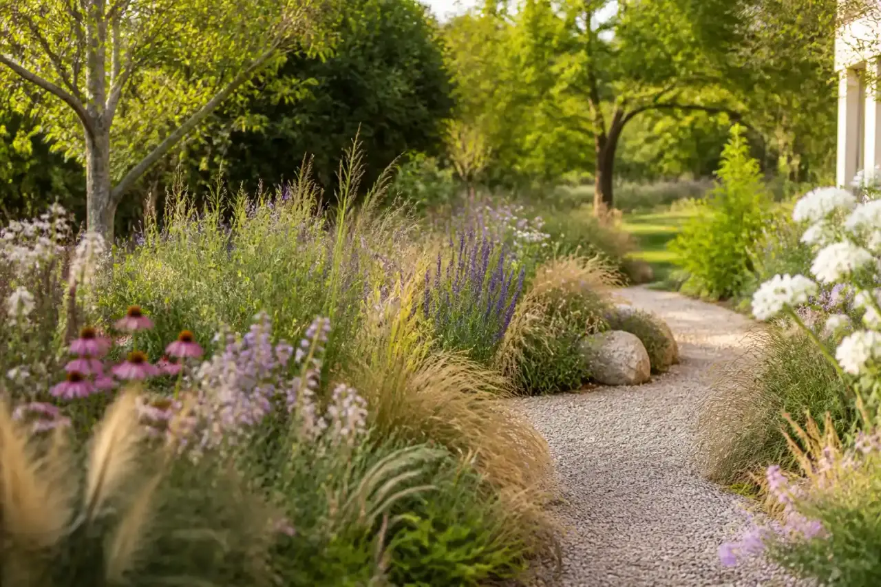 Graminées et fleurs sauvages dans un jardin naturaliste au coucher du soleil