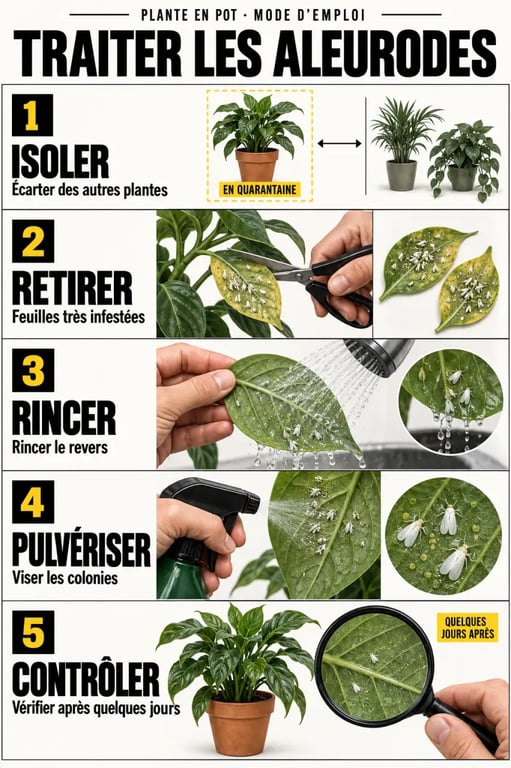 Aleurode traitement : étapes pour inspecter, nettoyer, pulvériser et surveiller une plante