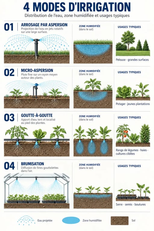 Infographie comparative des systèmes d’arrosage par aspersion, micro-aspersion, goutte-à-goutte et brumisation