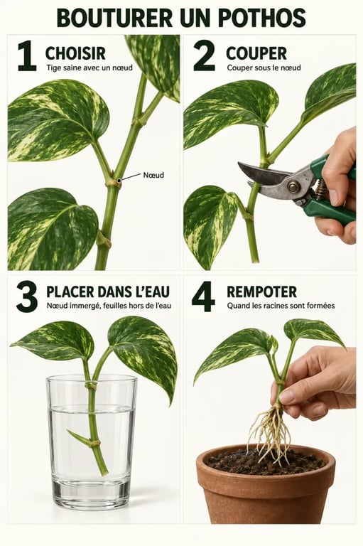 Étapes du bouturage plantes vertes avec une tige de pothos, un nœud, des racines dans l’eau et le rempotage