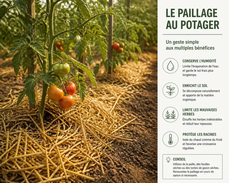 Paillage potager de paille autour de pieds de légumes en pleine terre