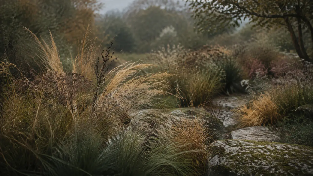 Graminées séchées et fleurs sauvages dans une lumière dorée, ambiance de jardin naturaliste