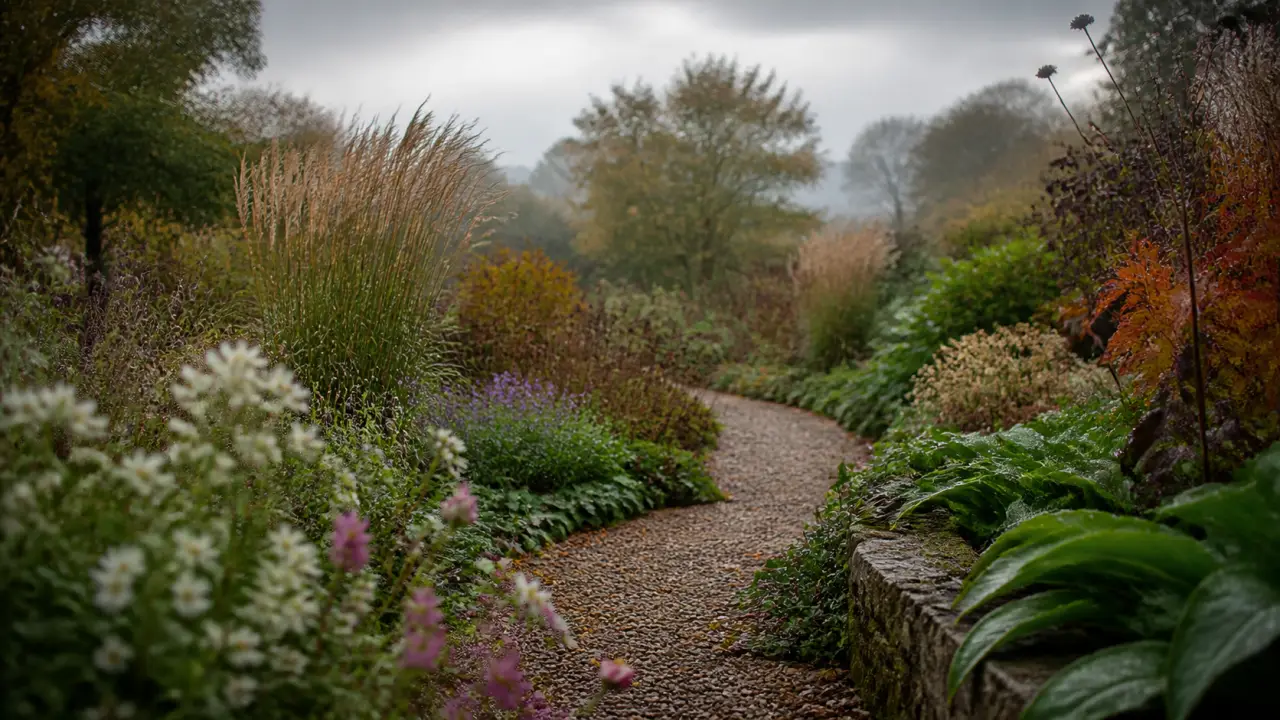 Jardin naturaliste avec graminées et fleurs sauvages sous une lumière dorée