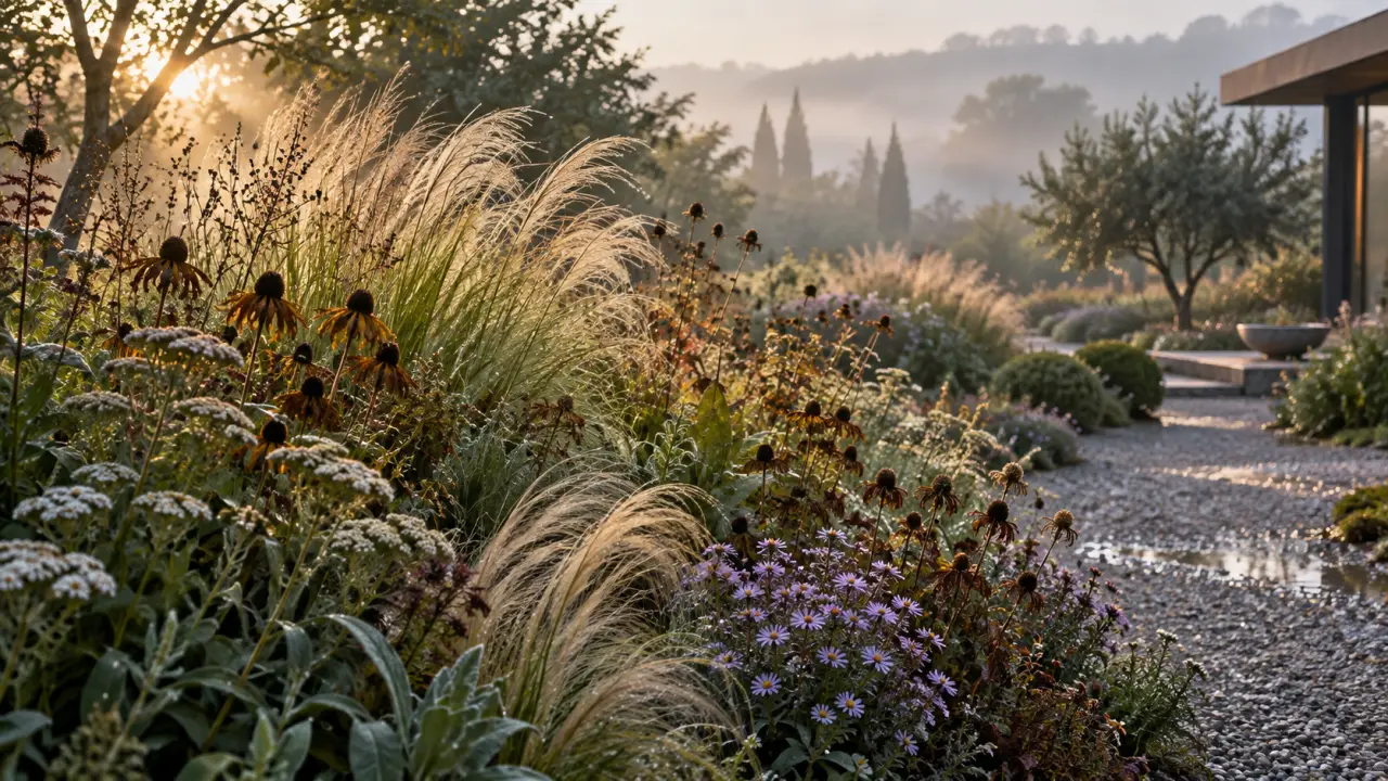 Bordure sauvage composée de graminées et de fleurs vivaces dans une lumière dorée