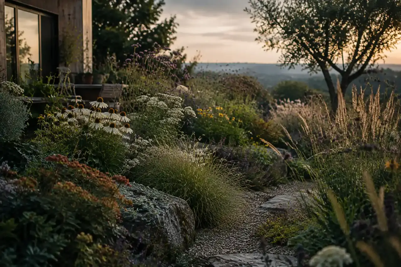Massif sauvage composé de graminées et de fleurs vivaces dans une lumière dorée