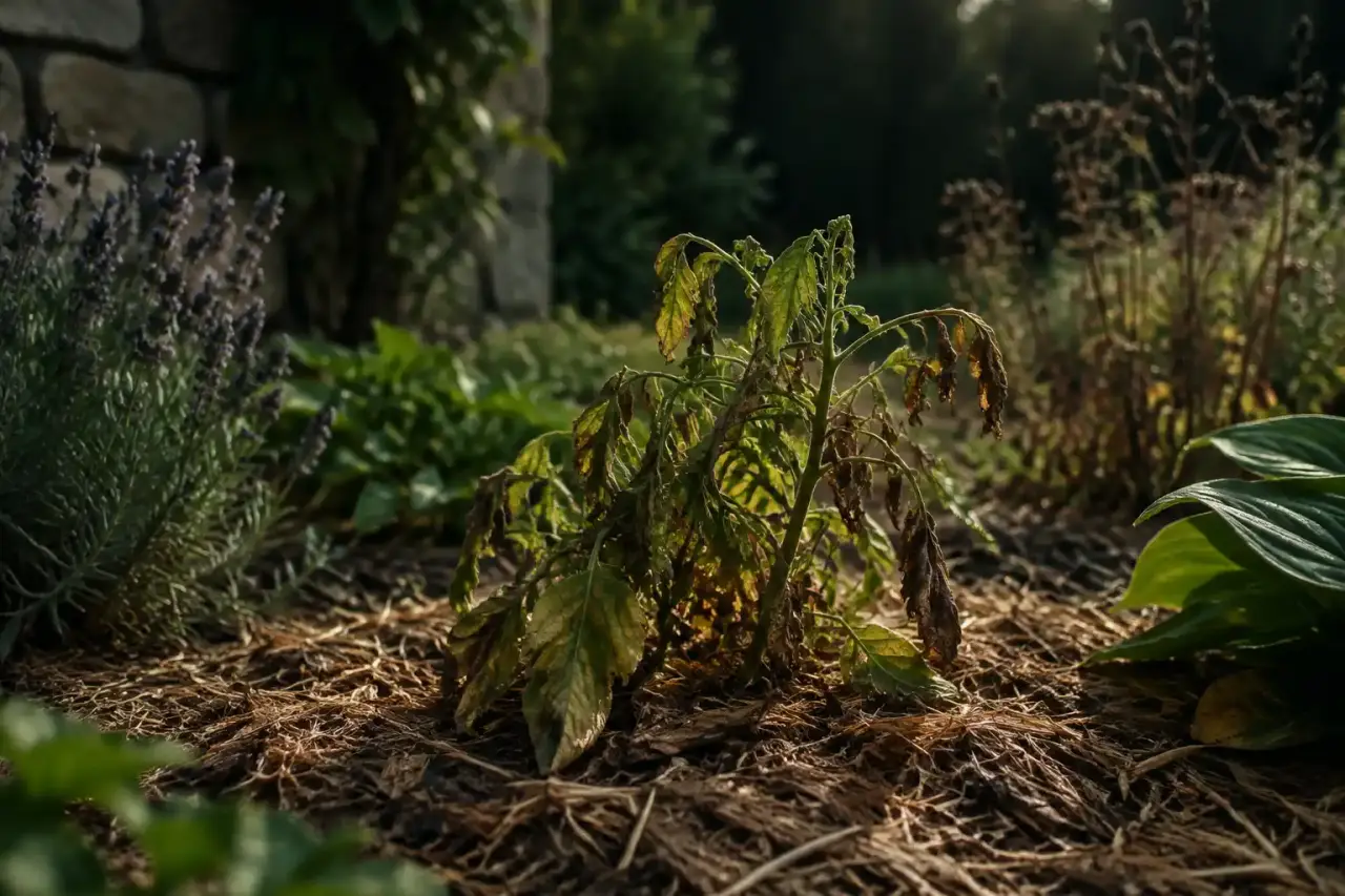 Massif naturaliste paillé avec des graminées et des plantes vivaces