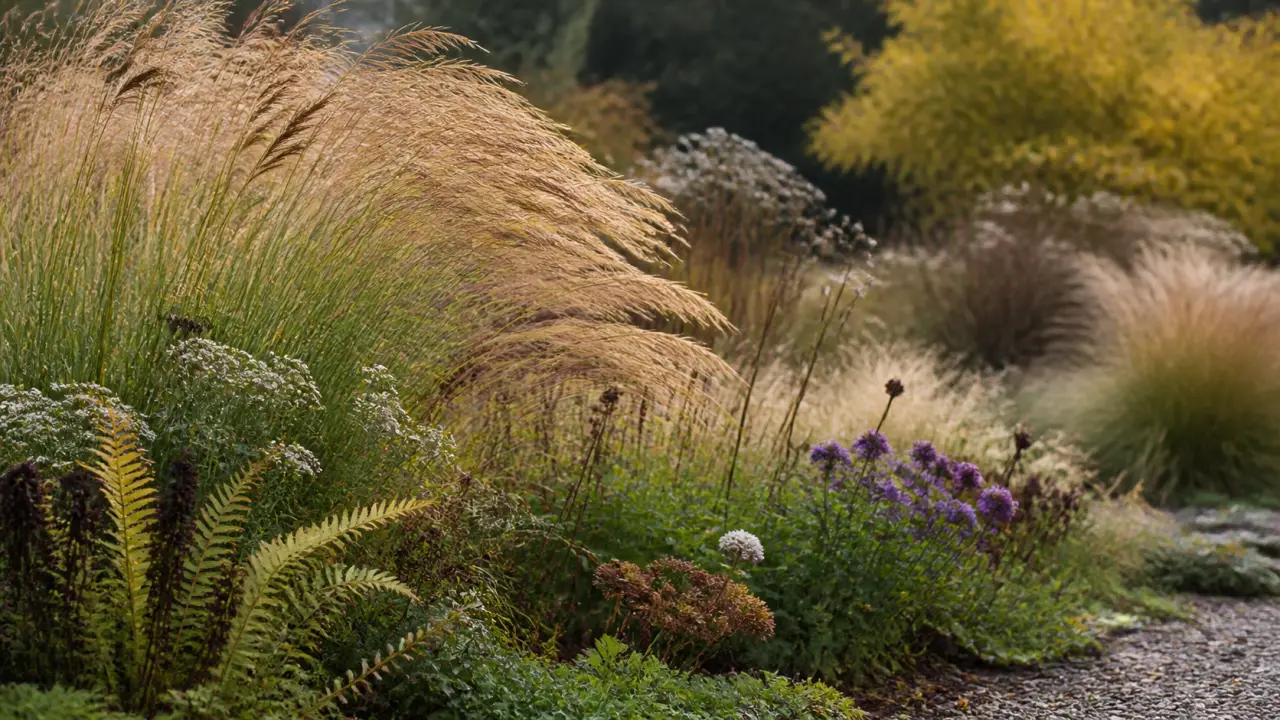 Graminées séchées et fleurs sauvages ondulant dans une lumière dorée de fin de journée