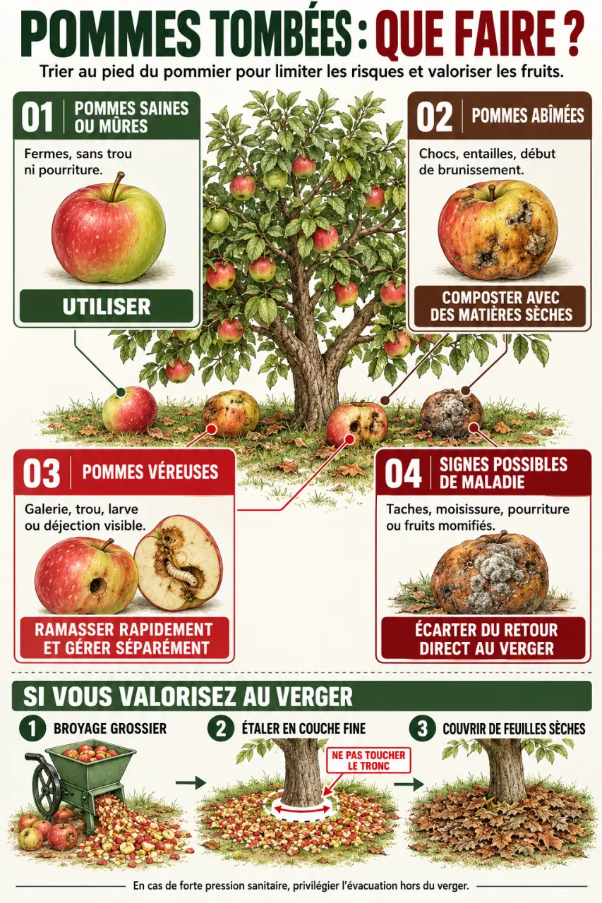 Que faire des pommes pourries au pied des pommiers : tri des fruits, compostage et répartition au sol