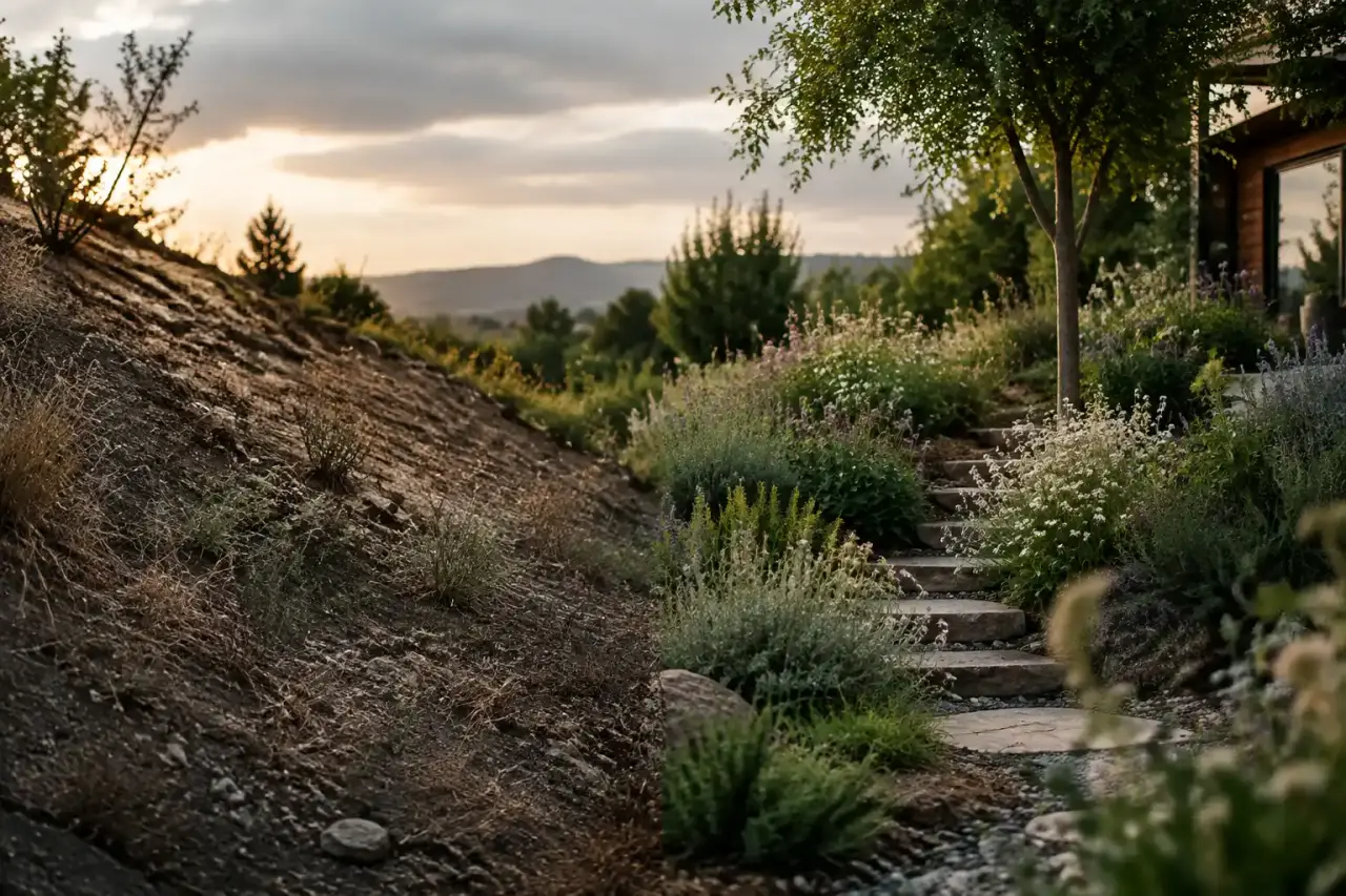 Talus sec transformé en jardin naturaliste avec graminées, pierres et fleurs sauvages
