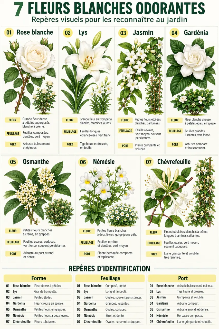 Infographie pour identifier différentes fleurs blanches odorantes comme le gardénia, le jasmin, le lys et l’osmanthe