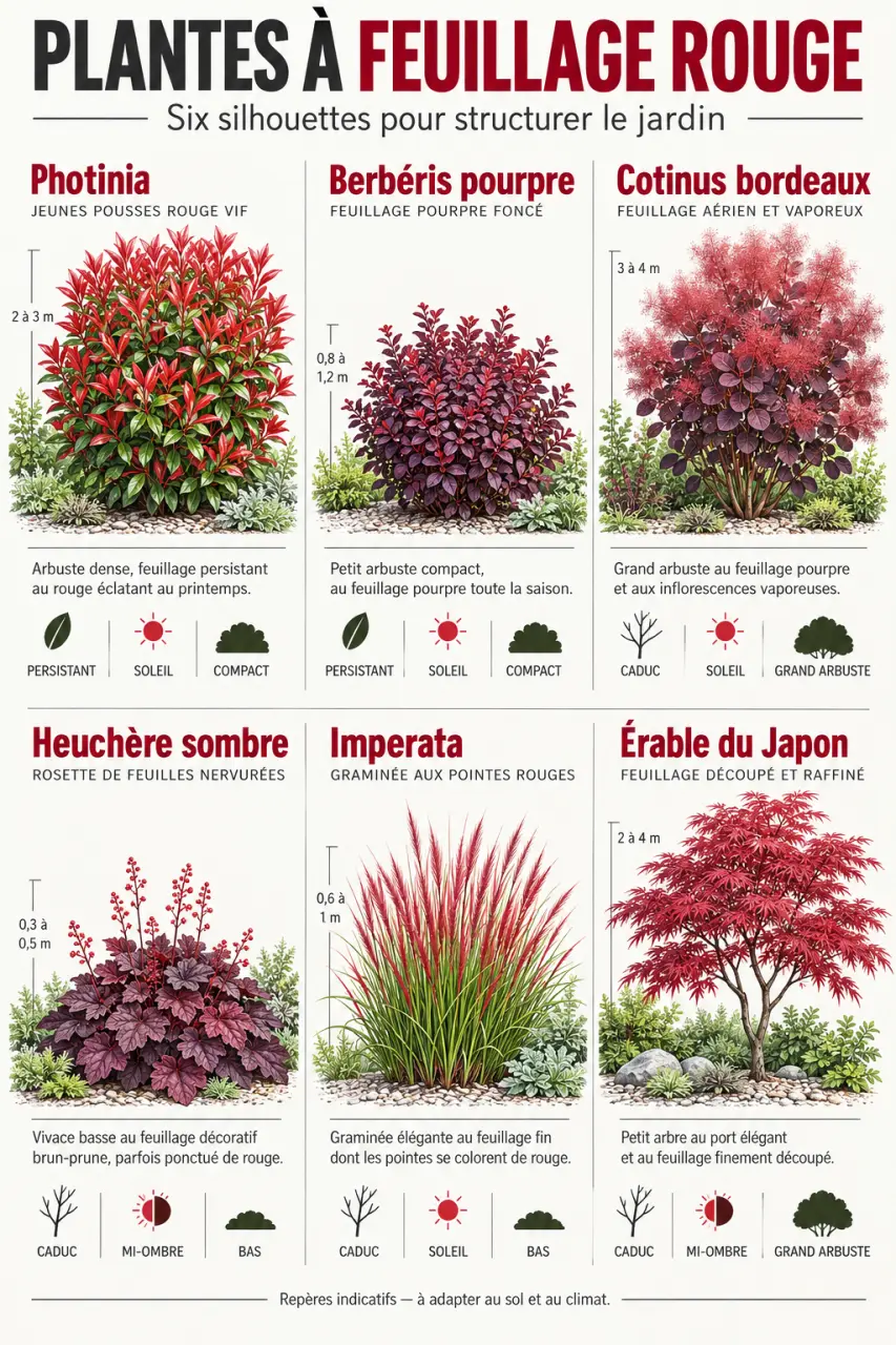 Plante feuille rouge extérieur : comparaison visuelle de photinia, berbéris, cotinus, heuchère, imperata et érable du Japon
