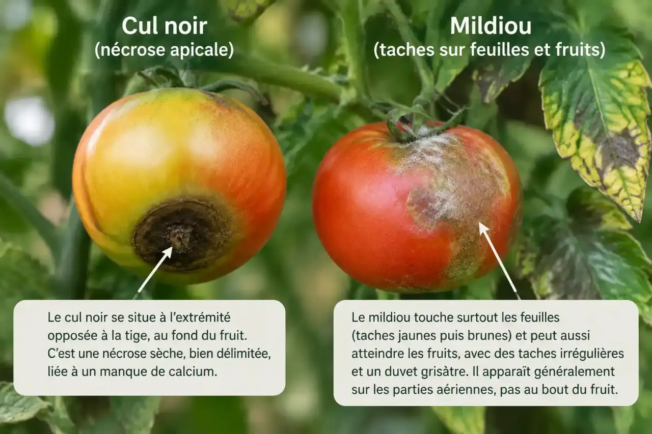 Tache noire sur la tomate : le cul noir se distingue du mildiou par son emplacement
