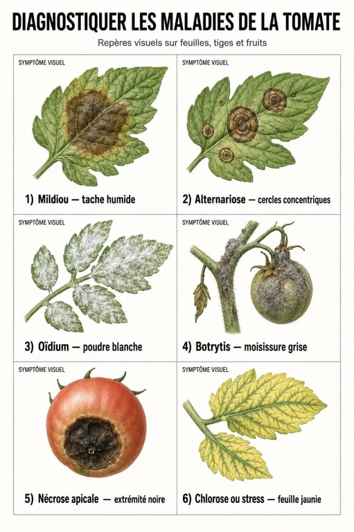 Planche de diagnostic des maladies de tomates montrant le mildiou, l’alternariose, l’oïdium, le botrytis, le cul noir et la chlorose
