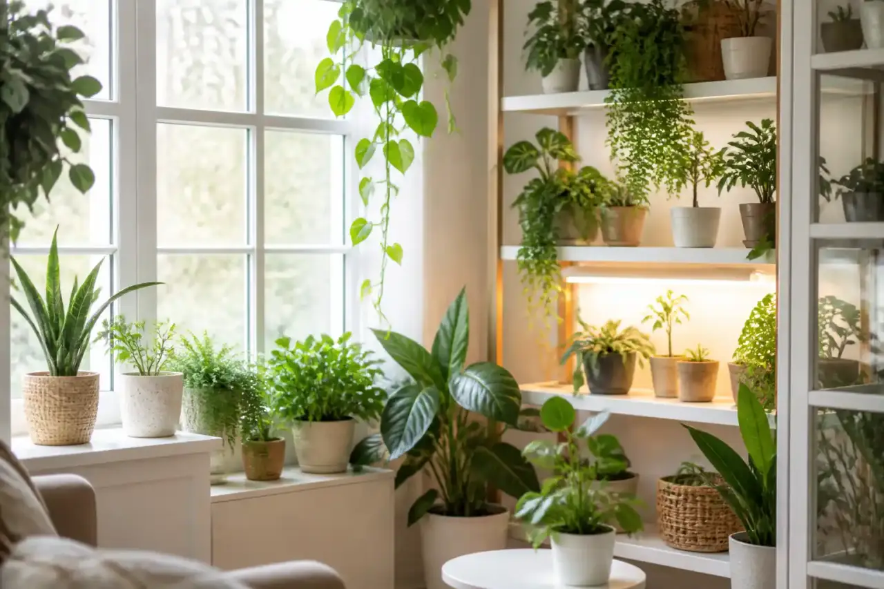 Feuilles d'une plante d'intérieur montrant des signes de décoloration sous une douce lumière dorée